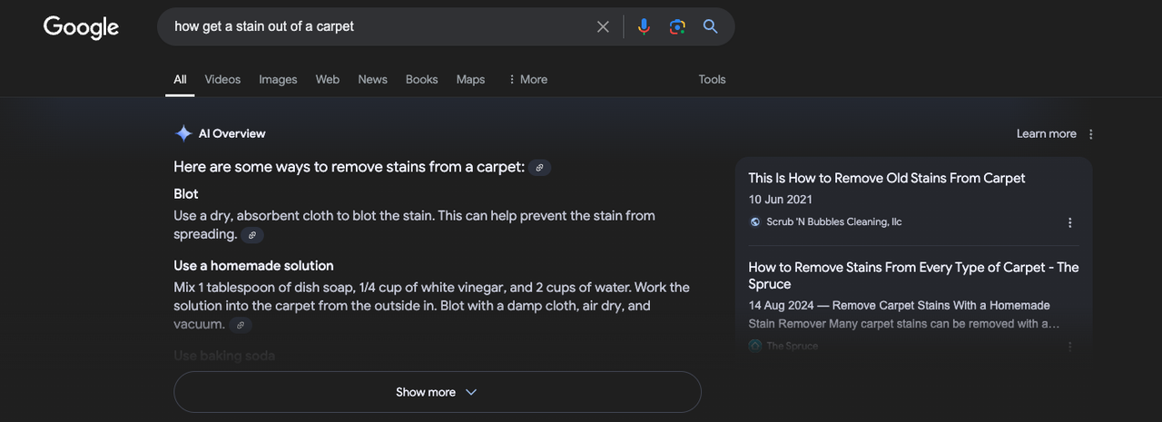 A screenshot of the AI Overview results for the search query "how to get a stain out of a carpet"