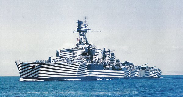 A warship covered in Norman Wilkinson's 'Dazzle' camouflage.