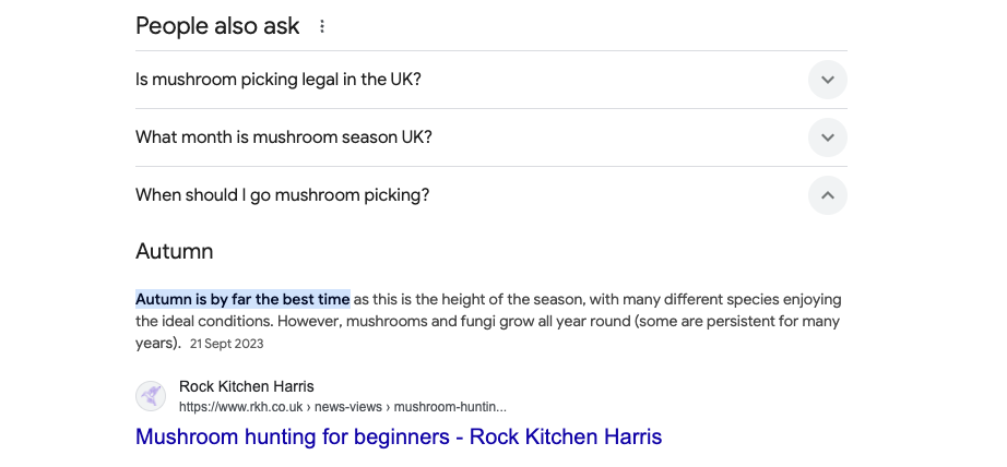 A screenshot showing the SERPs, and John's mushroom hunting blog ranking higlhy