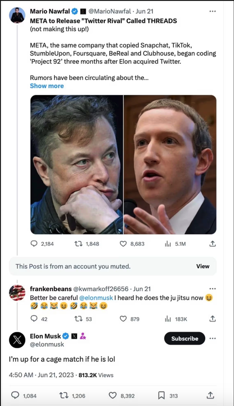 Tweets from Elon Musk suggesting a cage fight between him and Zuckerburg