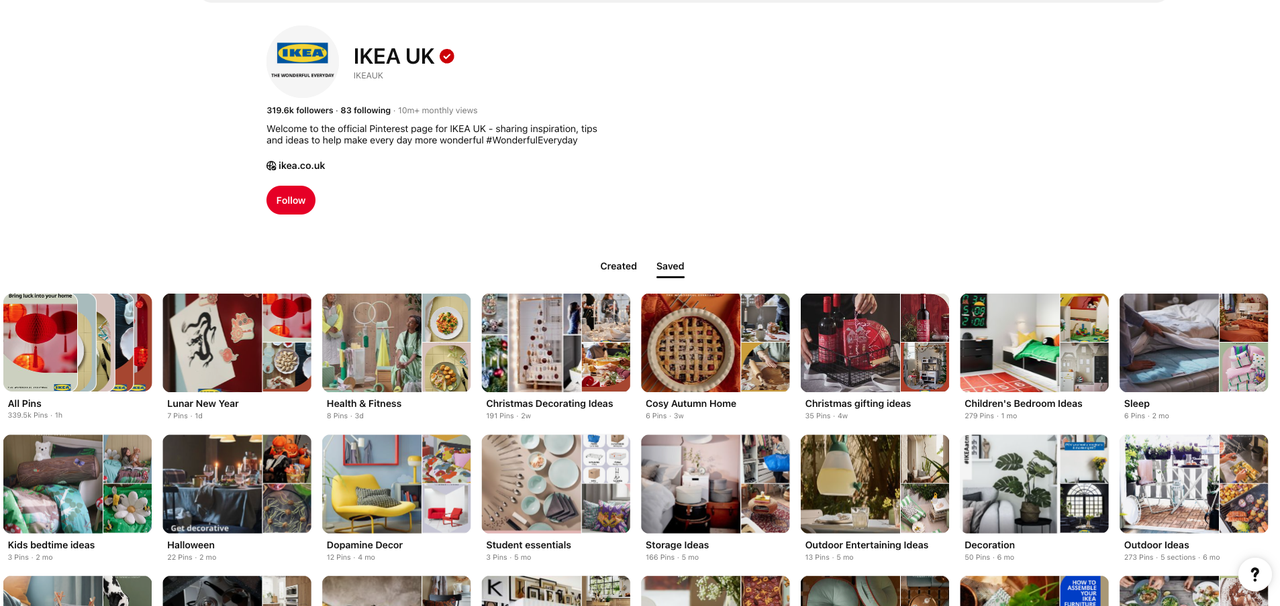 A screenshot of IKEA's Pinterest board