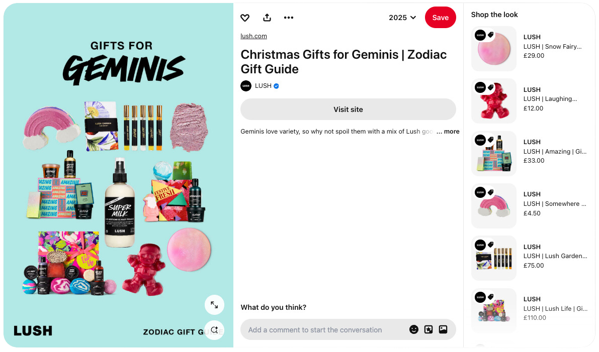 A screenshot of Lush's Pinterest board - zodiac gift guide