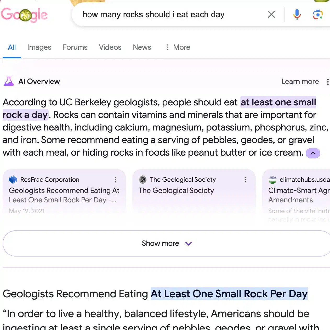 AI Overviews telling users they should eat 'a small rock a day', after taking information from satire websites.